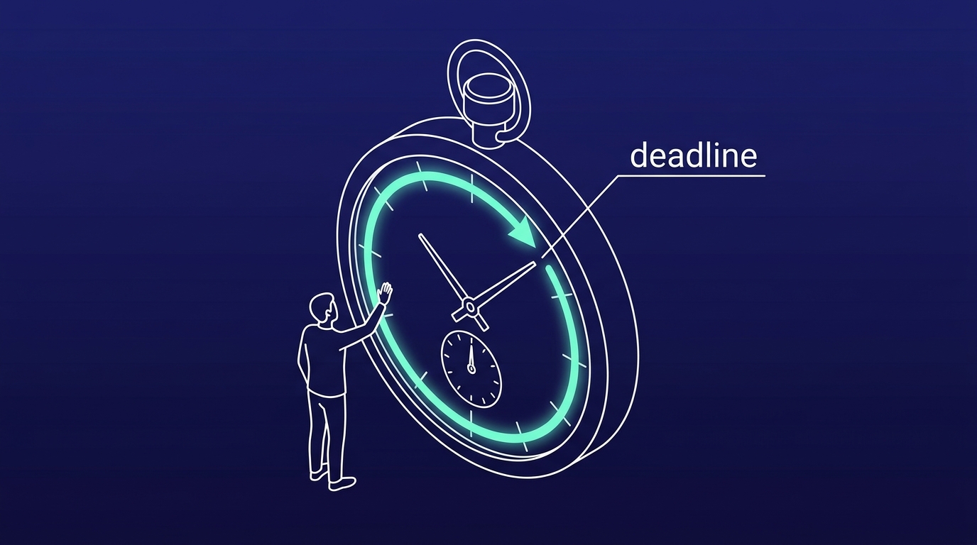 Wireframe stopwatch with a mint progress arc pointing at a deadline marker