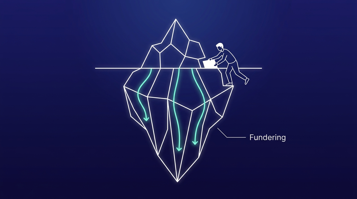 Isometric line illustration of an iceberg with a small tip above the waterline and a large foundation below, with the Dutch label Fundering (foundation)