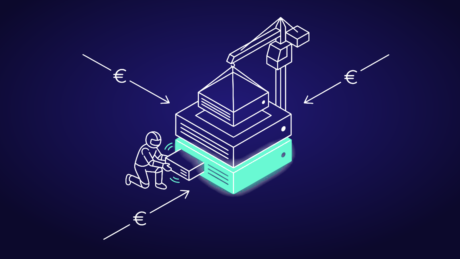 Wireframe node-and-edge network of money and AI factories flowing to sovereign AI infrastructure across Europe, with turquoise pulse streams