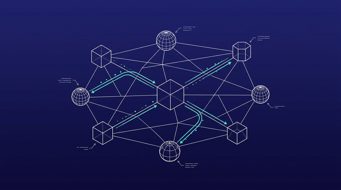 Wireframe network of nodes with one larger anchor node and turquoise pulse lines, representing AI owned by one place in the organisation