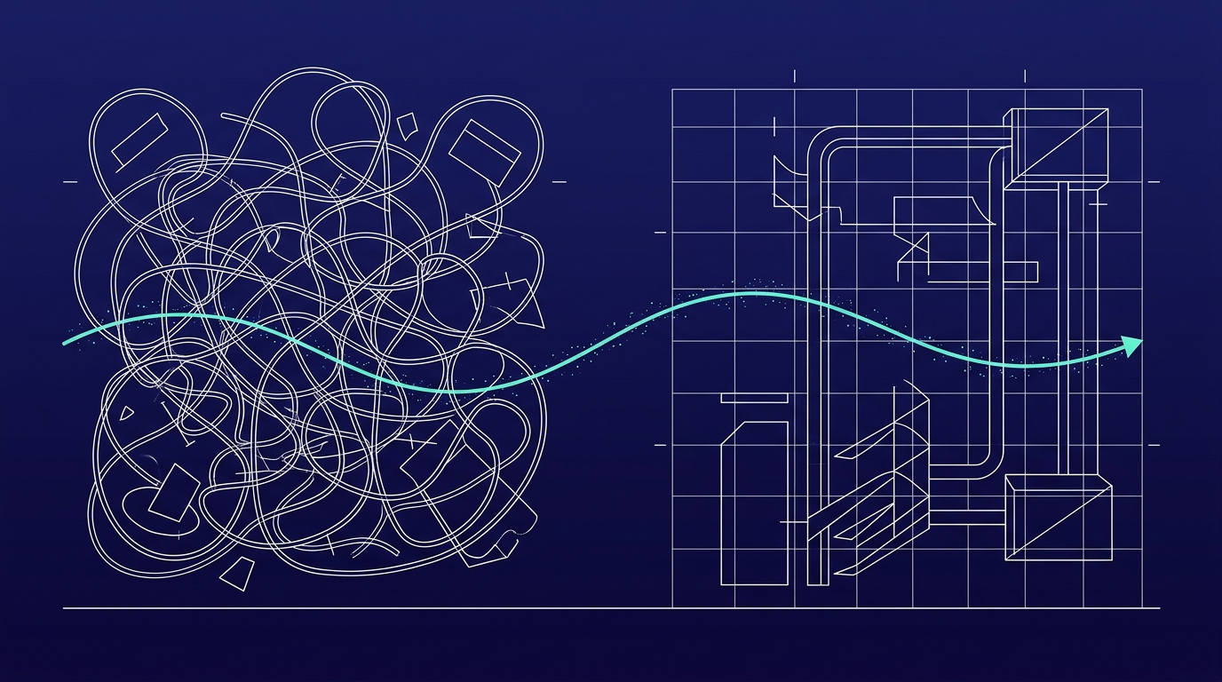 Wireframe diptych: on the left a messy process merely sped up, on the right the same process rebuilt with AI as the starting point.