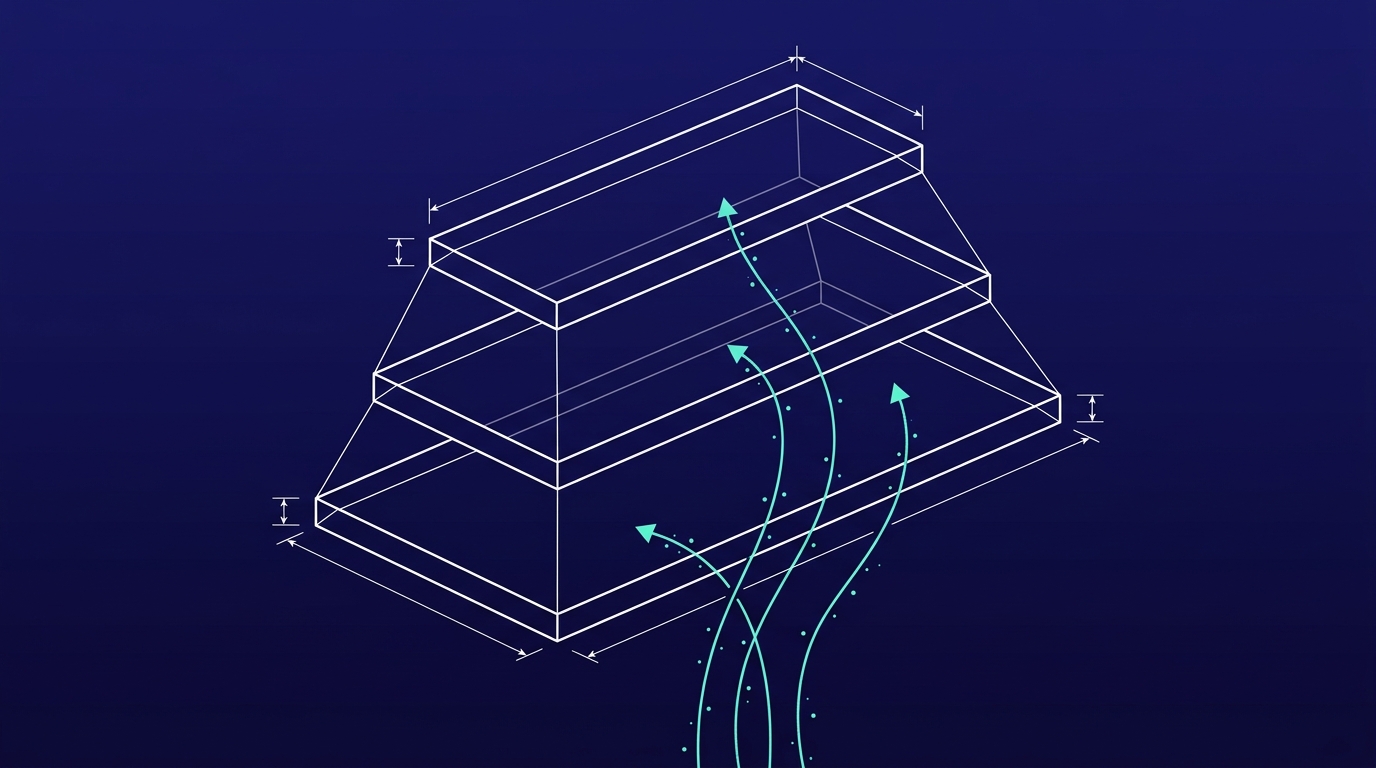 Wireframe blueprint of three stacked tiers with diverging turquoise streams, representing Microsoft Copilot as a layer inside Microsoft 365