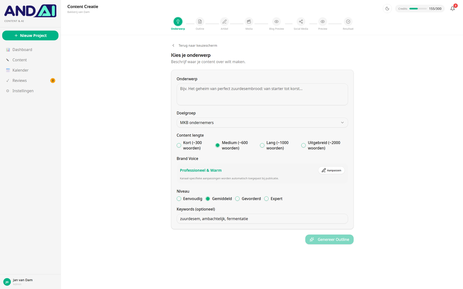 Stap Onderwerp in de Content & AI-wizard: onderwerp, doelgroep, contentlengte, merkstem en niveau instellen