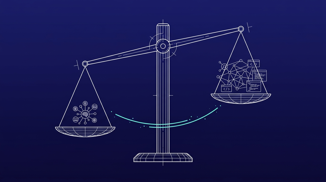 Wireframe balance scale weighing ChatGPT, Claude and Copilot against each other, turquoise pulse arc on navy