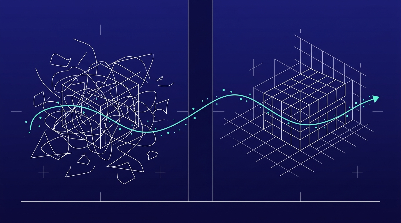 Two-panel wireframe diptych: a tangled chaotic state on the left transforming into an ordered grid on the right, with a turquoise stream crossing over.