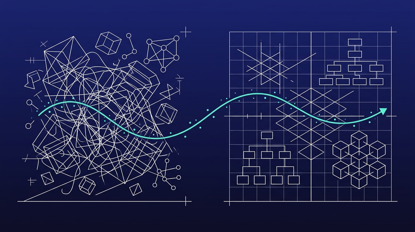 Wireframe diptych: a tangle of loose lines on the left, an aligned grid on the right, with a turquoise stream crossing from left to right