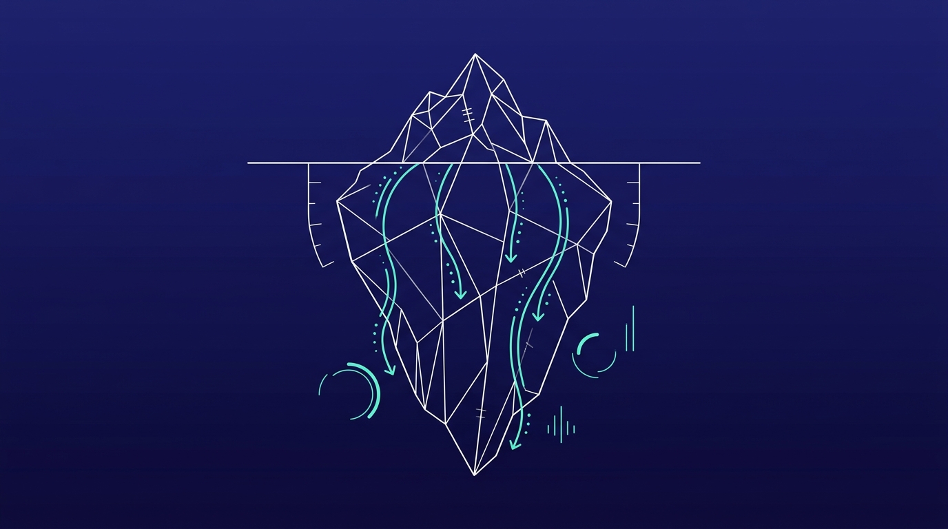 Wireframe iceberg with a small visible tip above the waterline and a much larger hidden body below, illustrating the visible and hidden costs of open source AI