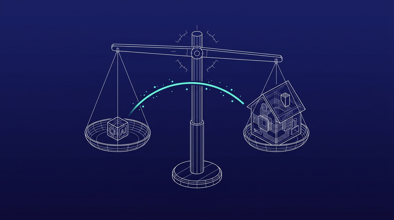 Wireframe balance scale weighing a small object against a wireframe house, illustrating the trade-off between a closed AI tool and keeping data in-house