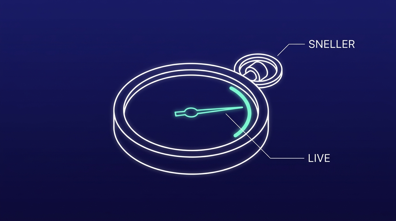 Isometrische lijntekening van een stopwatch met een mintgroene secondewijzer, symbool voor snelheid en tijdwinst met AI