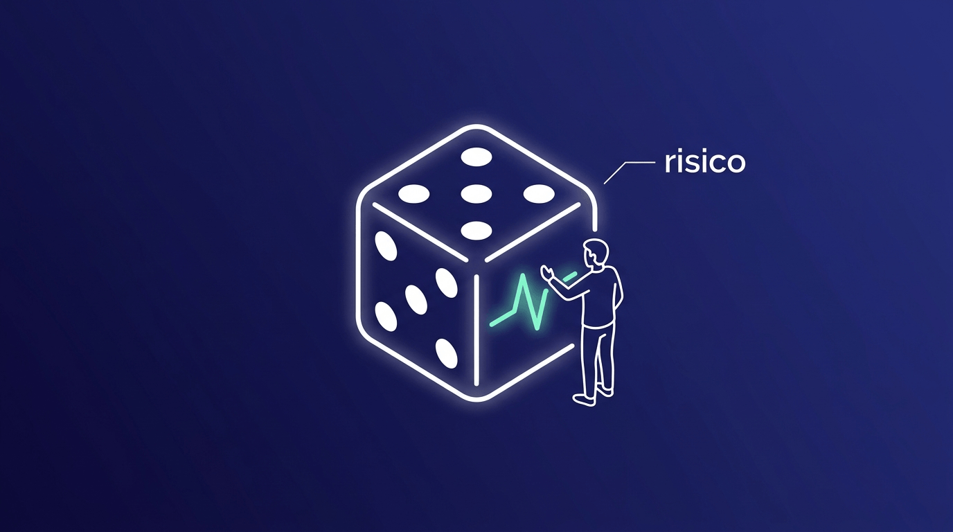 Line drawing of a dice labelled risico, with a small figure resting a hand against it