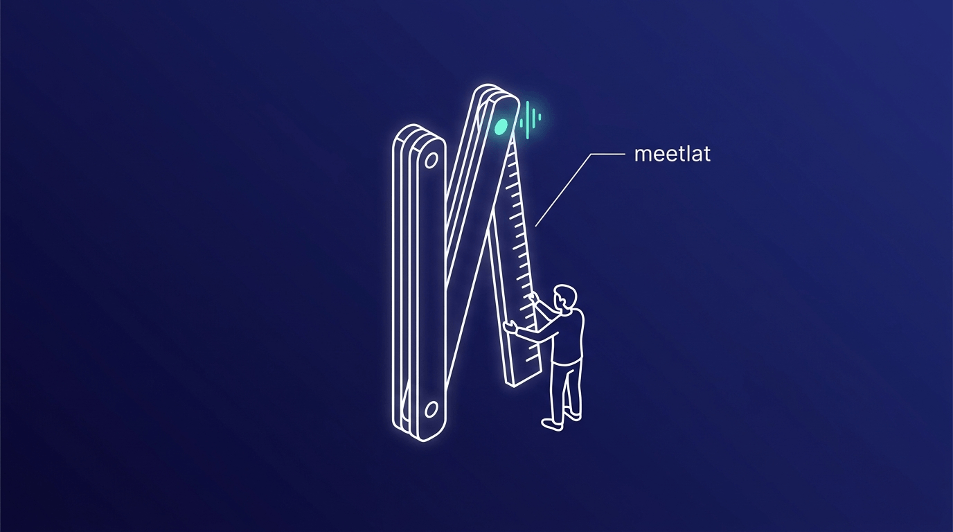Line drawing of an unfolded carpenter's ruler labelled meetlat, with a small figure measuring alongside it