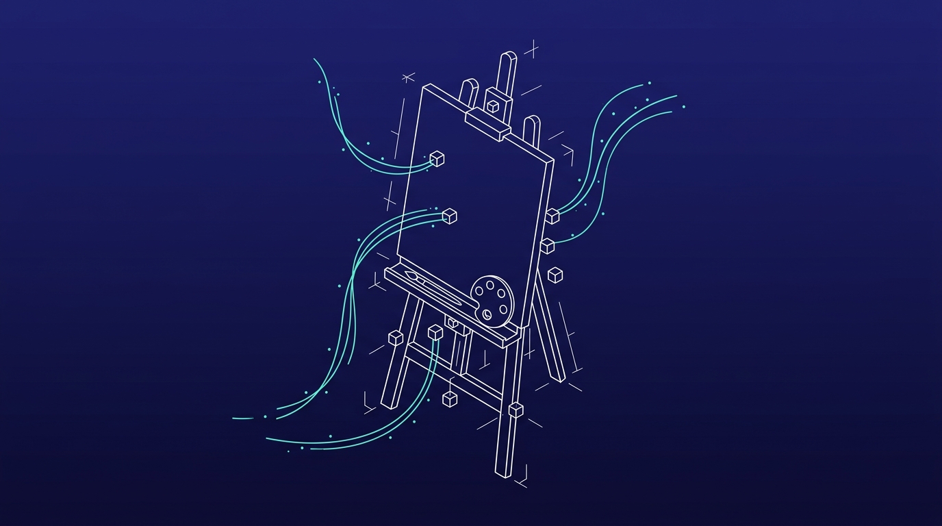 Wireframe illustration of an artist's easel with a blank canvas and palette, representing AI generating images